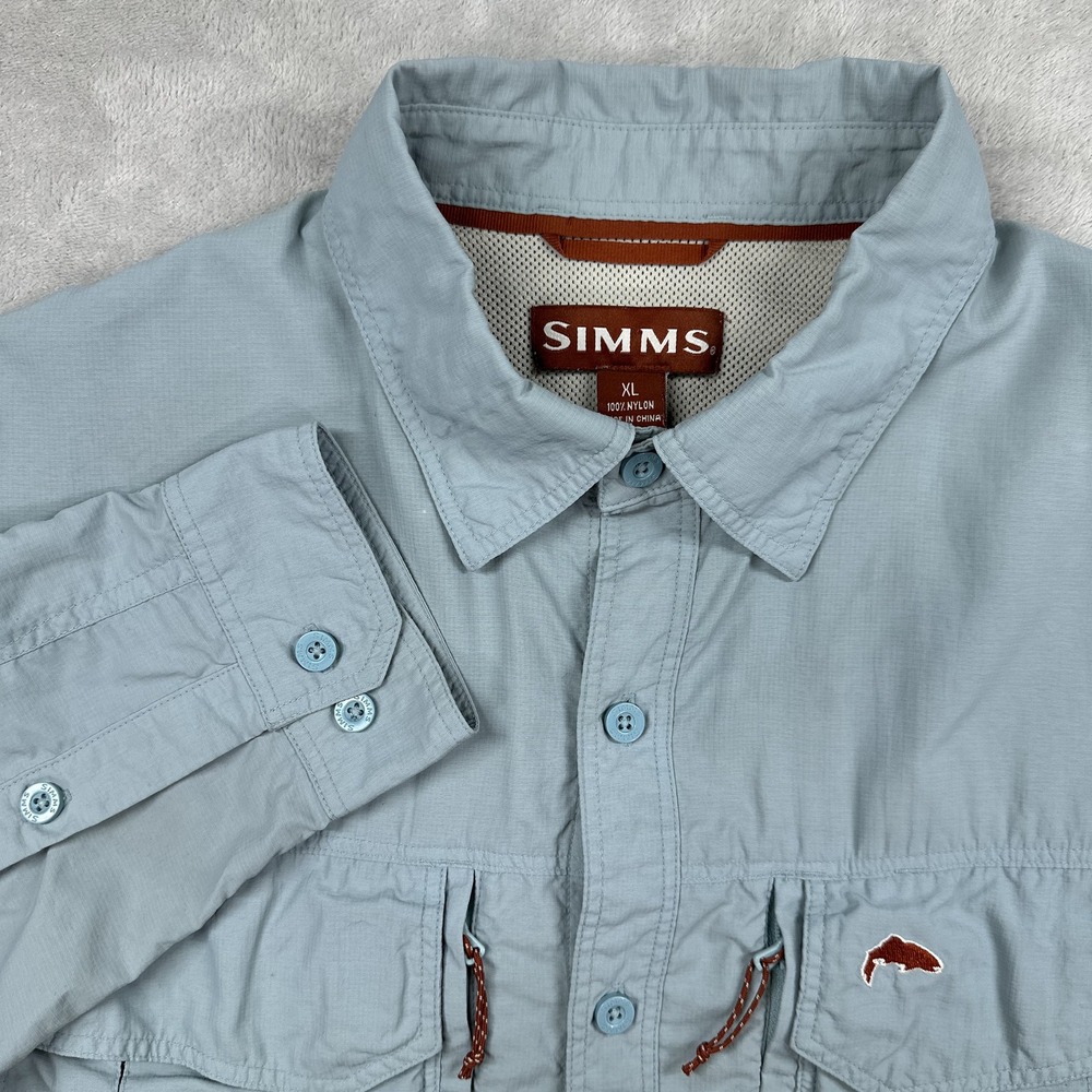 Simms Fishing Shirt Mens XL Blue Long Sleeve Vented COR3 Nylon Button Up Utility